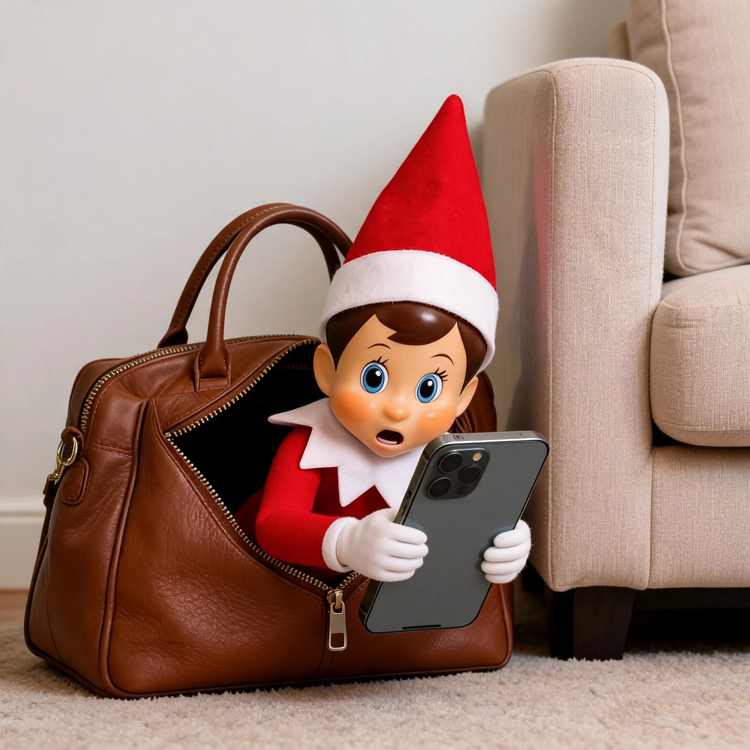 A surprised elf peeks out of a handbag holding a phone beside the sofa.